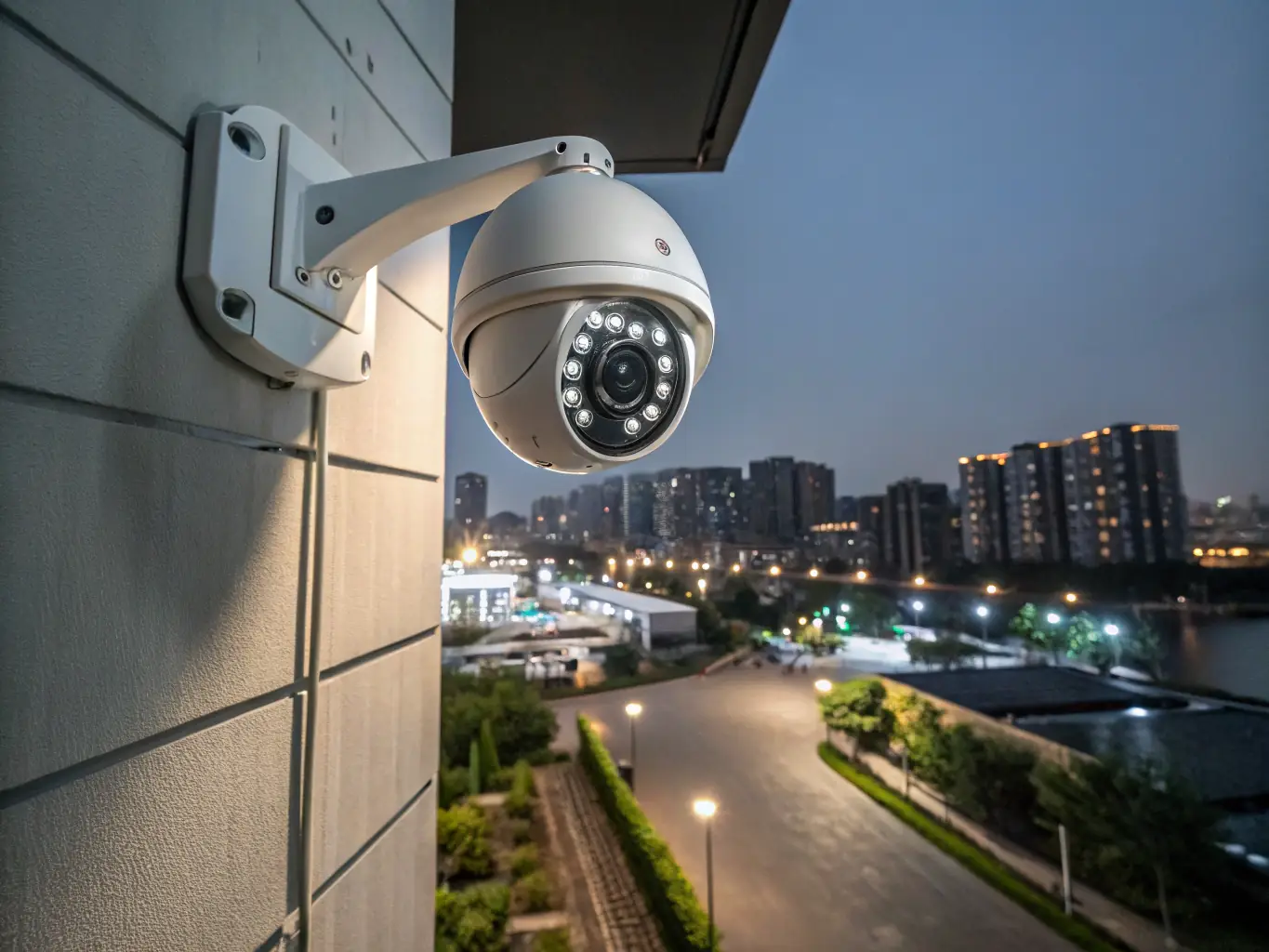 A high-resolution image showcasing a modern security camera setup installed in a commercial building, emphasizing its sleek design and wide coverage area.