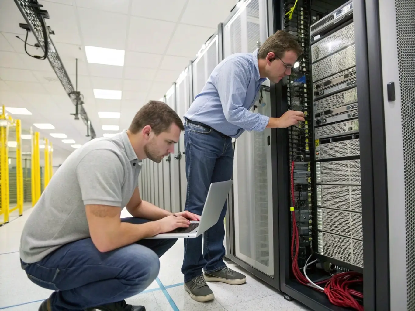An image of a technician installing networking hardware in a server room, focusing on the precision and expertise involved in setting up advanced networking equipment.