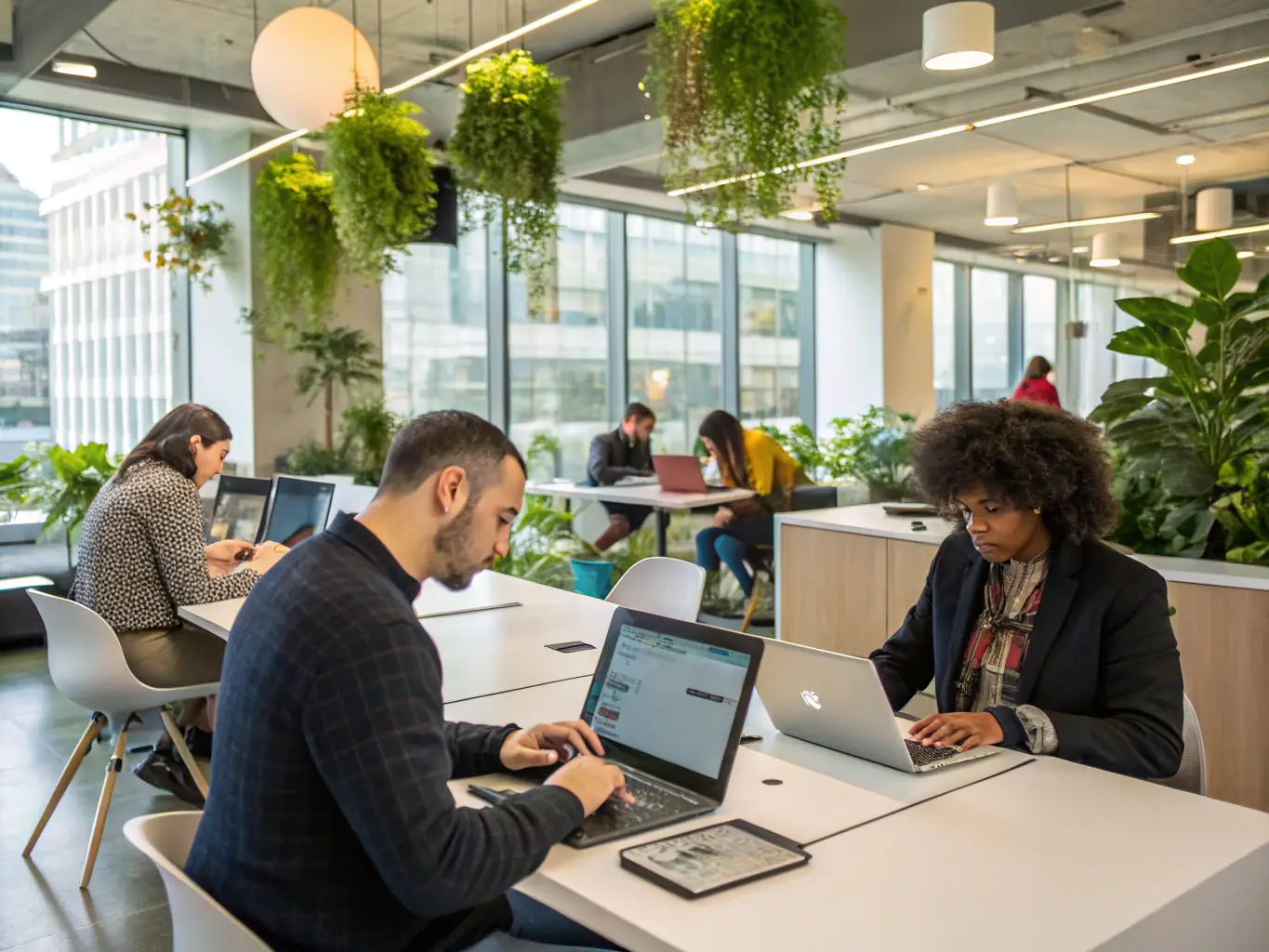 A modern office with multiple wireless access points providing seamless WiFi coverage, highlighting the ease and reliability of wireless connectivity in a business environment.